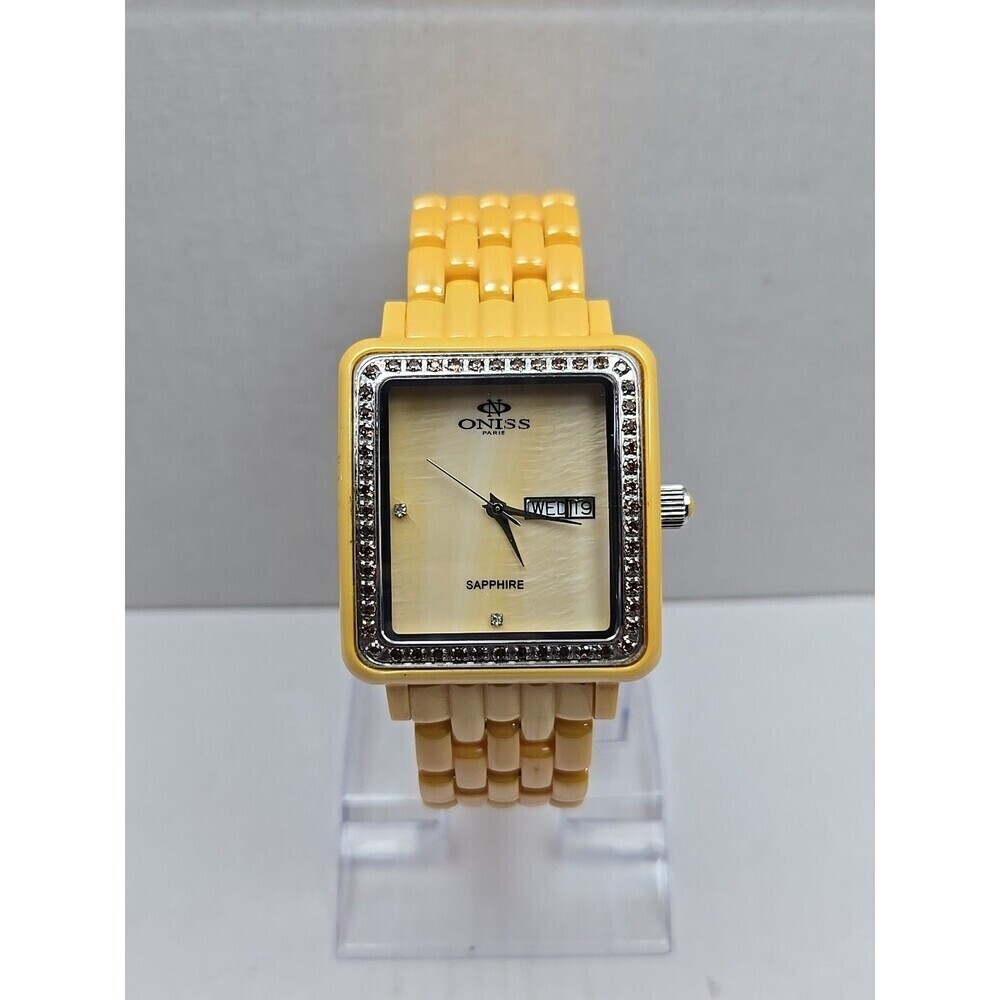 Oniss Paris Yellow Ceramic Day Date Sapphire Crystal Womens Watch New Battery